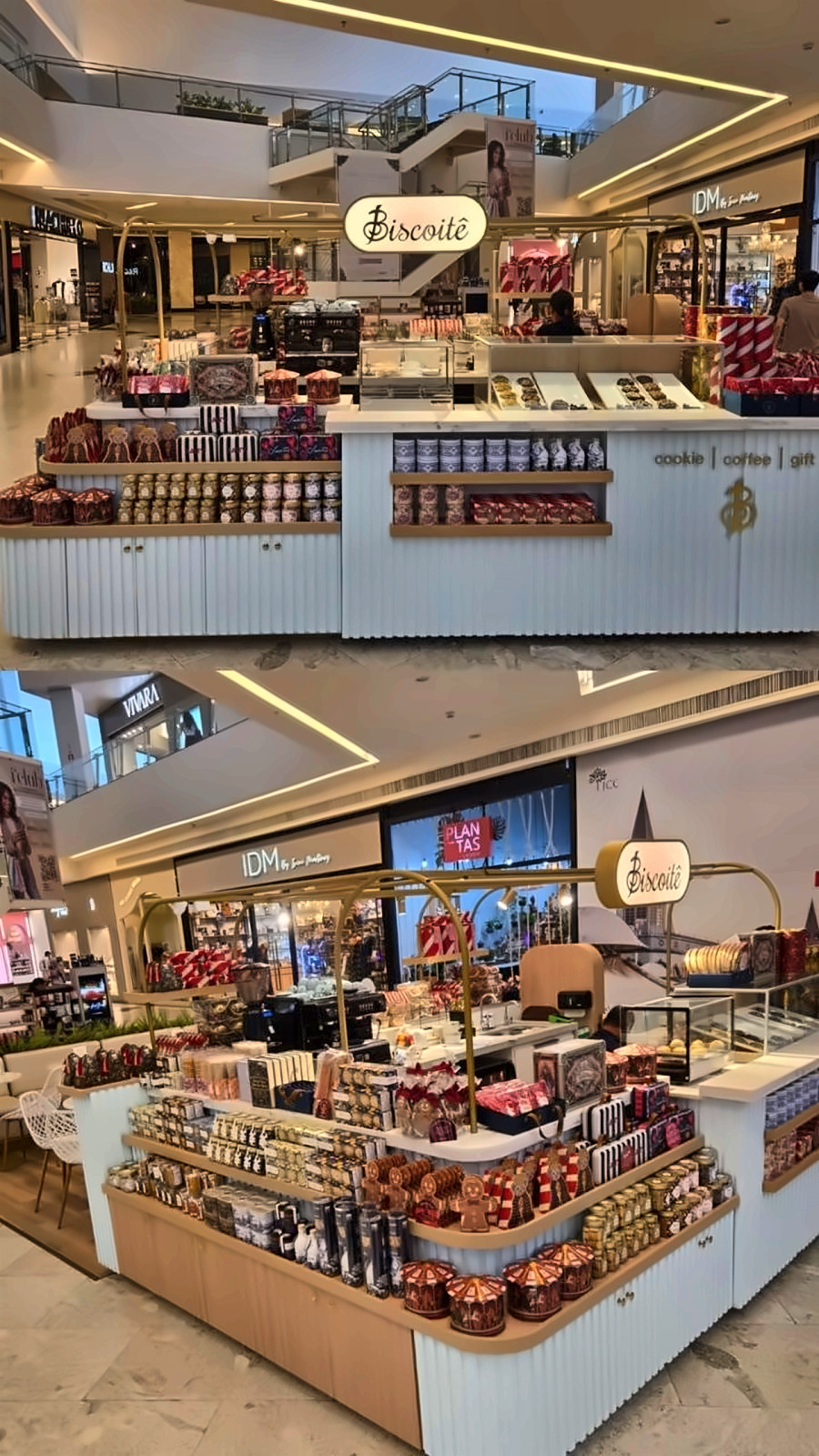 Quiosque Biscoitê em shopping, visto de dois ângulos